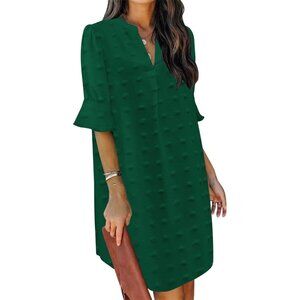 Women Dark Green Polyester V-Neck Loose Fit Short Sleeve Knee Length Shift Dress